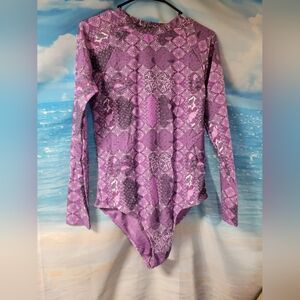 Rusty NWOT Purple Patterned Long Sleeve Swimsuit 1 Piece Open‎ Back Size XXL